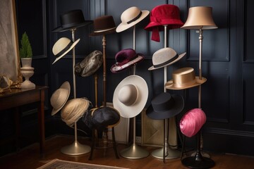 vintage hat stand filled with elegant and stylish hats in various shapes and sizes, created with generative ai