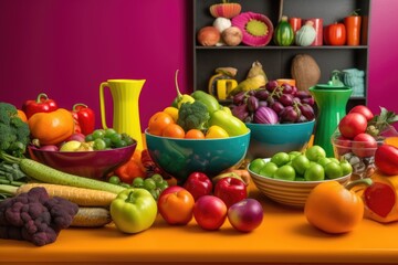 colorful mix of fruits and vegetables in modern setting, created with generative ai