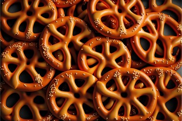 a pile of pretzels with sesame seeds on top of them, all in the same color and pattern, all in the same pattern, with a black background with a white border.