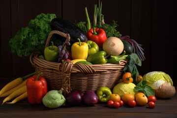 basket overflowing with fresh fruits and veggies, arranged in natural and minimalistic style, created with generative ai