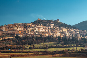 Assisi, Italy town skyline with the Basilica of Saint Francis of Assisi