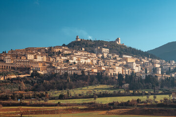 Obraz premium Assisi, Italy town skyline with the Basilica of Saint Francis of Assisi