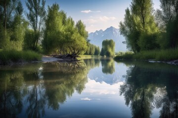 peaceful watery serenity with reflection of towering trees and mountains, created with generative ai