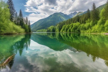 Naklejka na ściany i meble serene lake, with reflections of trees, mountains and clouds in the background, created with generative ai
