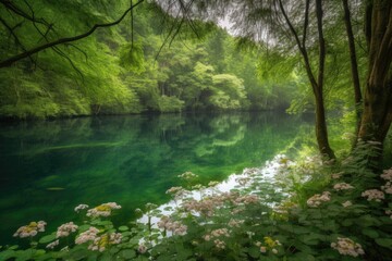 serene lake surrounded by lush greenery, with reflections of trees and flowers, created with generative ai
