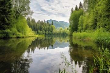 peaceful lake surrounded by lush greenery and mountains in the distance, created with generative ai