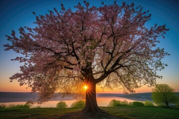 majestic tree with a view of the sunrise, sprouting leaves and blooms, created with generative ai