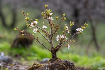 sprouting tree in the spring, with new leaves and blossom blooms, created with generative ai