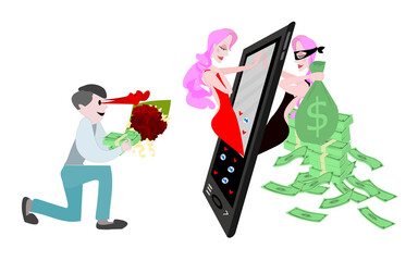 Online dating fraud concept.Thief girl promotes herself through social media programs, deceiving young people to love and willing to give them property. Cyber scam. Lovers mobile chat. Fake romance.