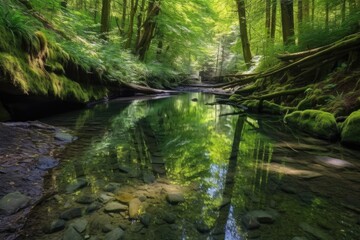 Obraz premium forest stream with shallow waters and crystal clear reflections, created with generative ai