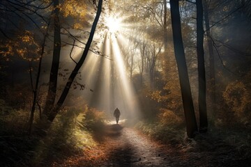 person, walking through the forest on a misty morning, with rays of sunlight shining in, created with generative ai