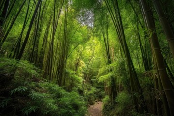 bamboo forest with whispering wind, towering trees and rare plants, created with generative ai