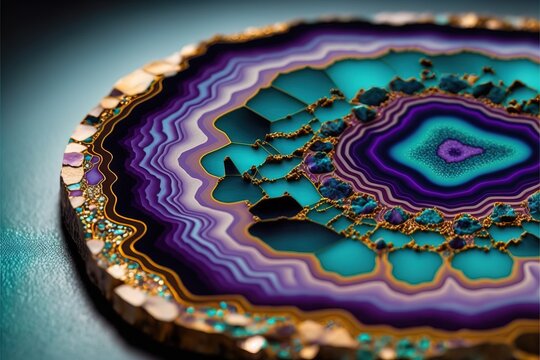 a plate with a blue, purple and gold design on top of a blue table top with a blue background and a gold border around the edge of the plate is a circular design with a purple and blue center.