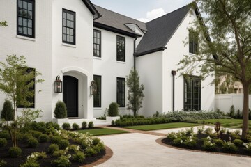 pristine white exterior with black shutters and accents, created with generative ai