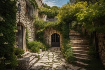 a stone villa with a winding path and lush greenery, created with generative ai