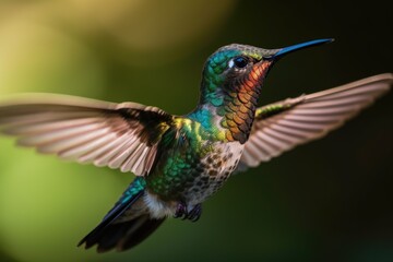Obraz premium a macro shot of a hummingbird, its wings blurred in flight, created with generative ai