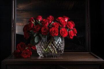 red roses in a crystal vase on dark wood table, created with generative ai