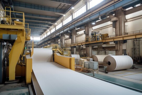 pulp and paper factory, with enormous machines producing paper products, created with generative ai