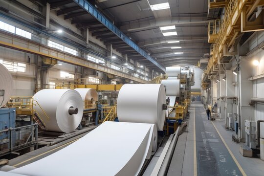 pulp and paper factory, with huge machines producing endless rolls of paper, created with generative ai
