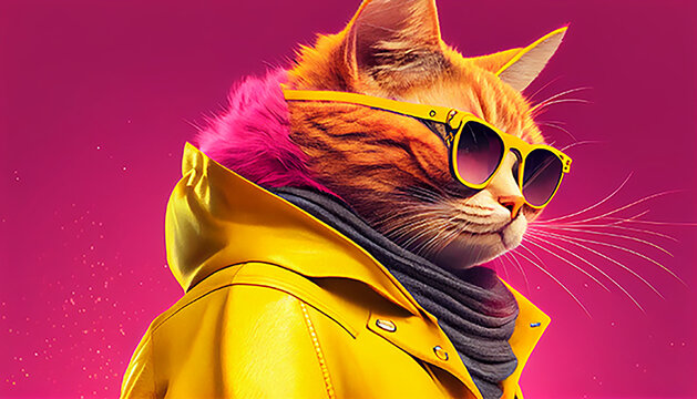 Cool looking Cat wearing funky fashion dress - bright yellow jacket, vest, sunglasses. Wide pink banner with space for text right side. Stylish animal posing as a supermodel, Created with AI