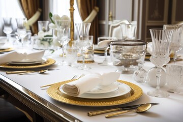 classic and elegant table setting with fine china, napkins, and silverware, created with generative ai