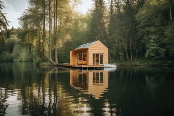 Fototapeta na wymiar tiny house floating on a tranquil lake, surrounded by nature, created with generative ai