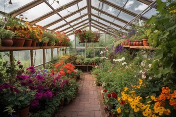greenhouse filled with colorful blooms and aromatic plants, created with generative ai
