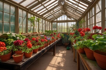 Fototapeta na wymiar greenhouse with red geraniums and blue pots, created with generative ai