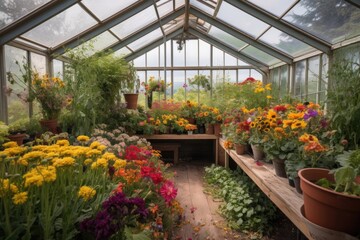 Fototapeta na wymiar greenhouse with view of a vibrant garden, filled with colorful blooms and foliage, created with generative ai