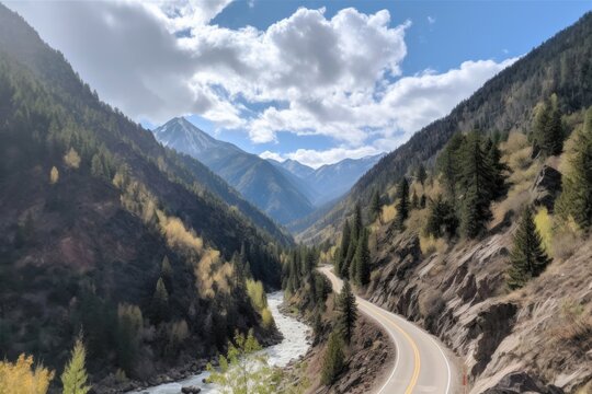 road trip on a scenic mountain highway, with views of towering peaks and rushing rivers, created with generative ai