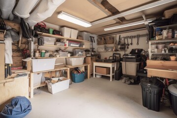 a neatly organized garage, with tools and supplies in place, created with generative ai