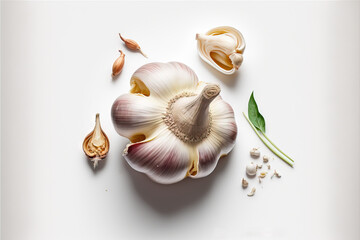 a group of garlics and garlic seeds on a white surface with a green leaf on the side of the garlic and the garlic is cut in half of the garlic and half of the garlic.