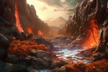 wide-angle shot of lava flowing through a volcanic landscape, created with generative ai