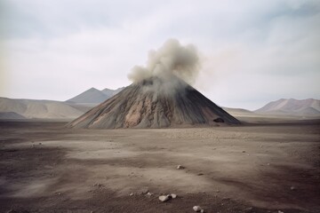 Obraz premium wide angle of a smoking volcano in a barren landscape, created with generative ai