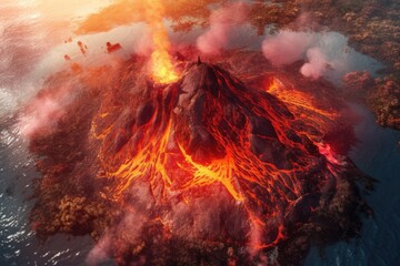 aerial view of a volcanic eruption with lava flow, created with generative ai
