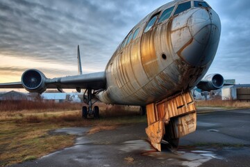 weathered airplane tail and logo in airplane graveyard, created with generative ai