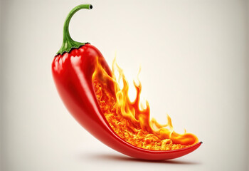 a red hot pepper with a flame on it's side, on a white background, with a light gray back ground, and a light gray back ground, with a white border.