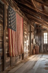 american flag hanging vertically on a rustic barn wall, created with generative ai - obrazy, fototapety, plakaty