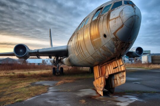 weathered airplane tail and logo in airplane graveyard, created with generative ai