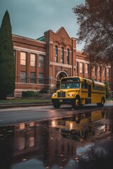 Fototapeta premium school bus parked near a school building, created with generative ai
