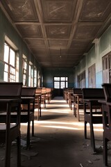 rows of empty desks and chairs in a classroom, created with generative ai