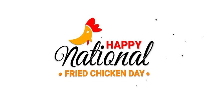 Happy National Fried Chicken Day lettering text animation. Handwritten text with chicken logo motion pecks letter on white screen alpha channel. 