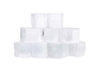 Many clear ice cubes isolated on white