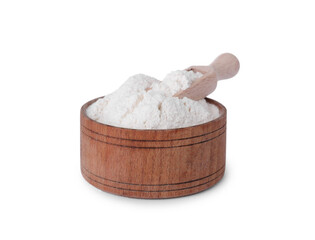 Wooden bowl with bean flour and scoop isolated on white
