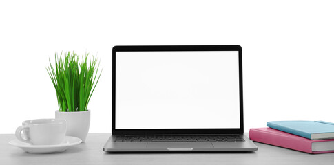 Fototapeta premium Laptop, potted plant and notebooks on table against white background. Stylish workplace