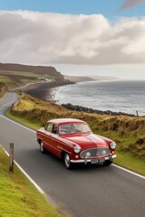 Obraz na płótnie Canvas classic car parked on scenic coastal road, created with generative ai