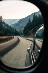 cars side mirror reflecting a scenic landscape, created with generative ai