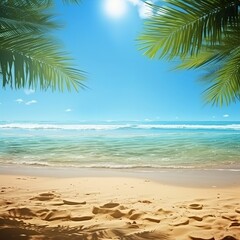 Obraz na płótnie Canvas A summer landscape of a tropical golden beach with palm leaves, soft focus. Golden sand, turquoise sea, blue sky, and white clouds. Created with Generative AI technology