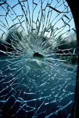smashed windshield with cracks and shattered glass, created with generative ai