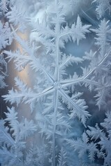 snowflakes and ice crystals on a frosty windowpane, created with generative ai